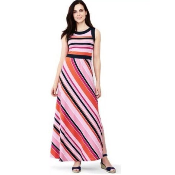 Lands End Sleeveless Maxi Dress Size M Stripe Multicolor‎ Side Slit Long - Picture 1 of 8